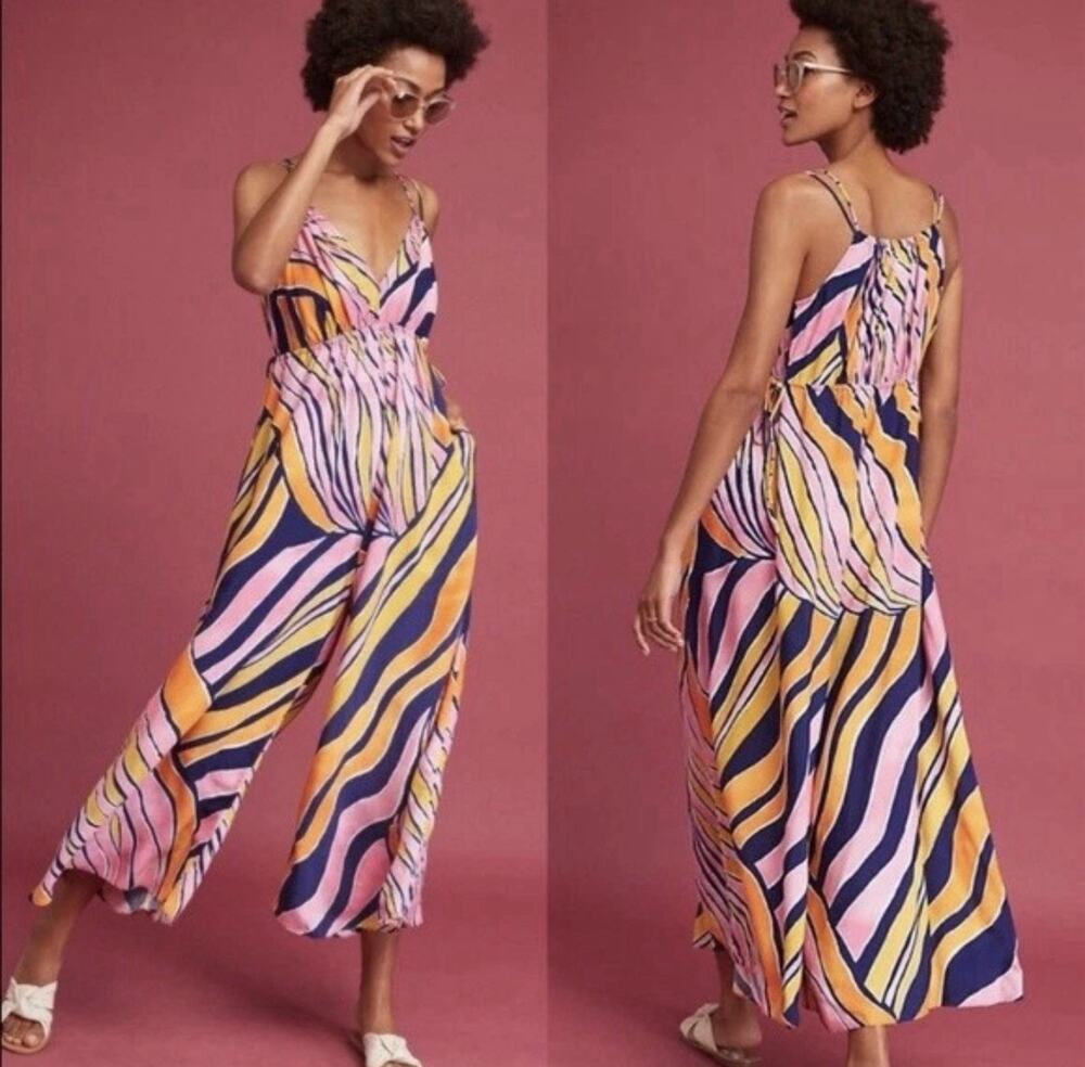 Anthropologie Maeve Finley Wide Leg Jumpsuit Women Size 8 Pink Orange Sleeveless